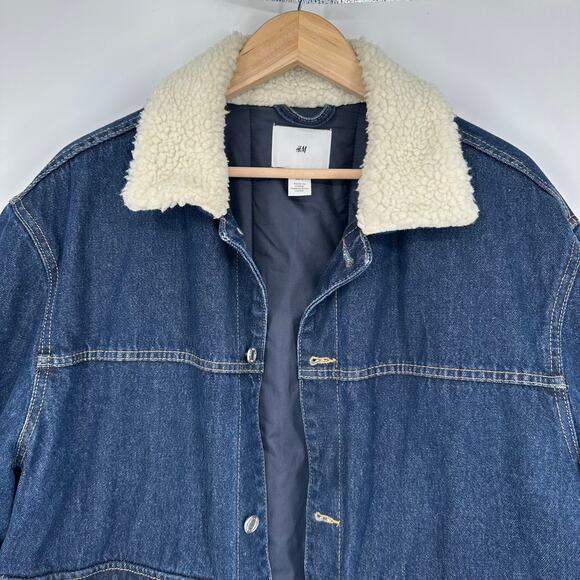 H&M Insulated Sherpa Collar Denim Trucker Puffer Jacket Jean Jacket, Blue - Picture 5 of 14
